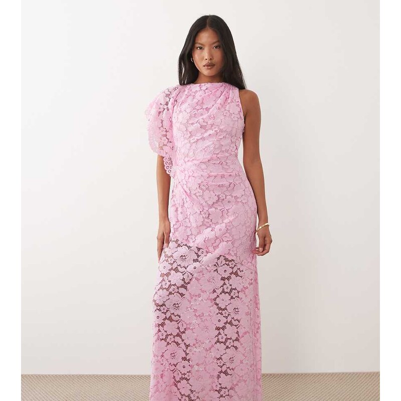 Forever New Petite lace overlay asymmetric maxi dress in light pink 115546844