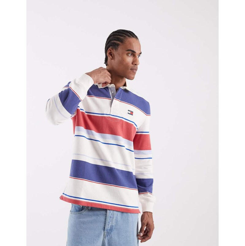 Tommy Jeans relaxed fit rugby shirt in blue/red stripe-Multi