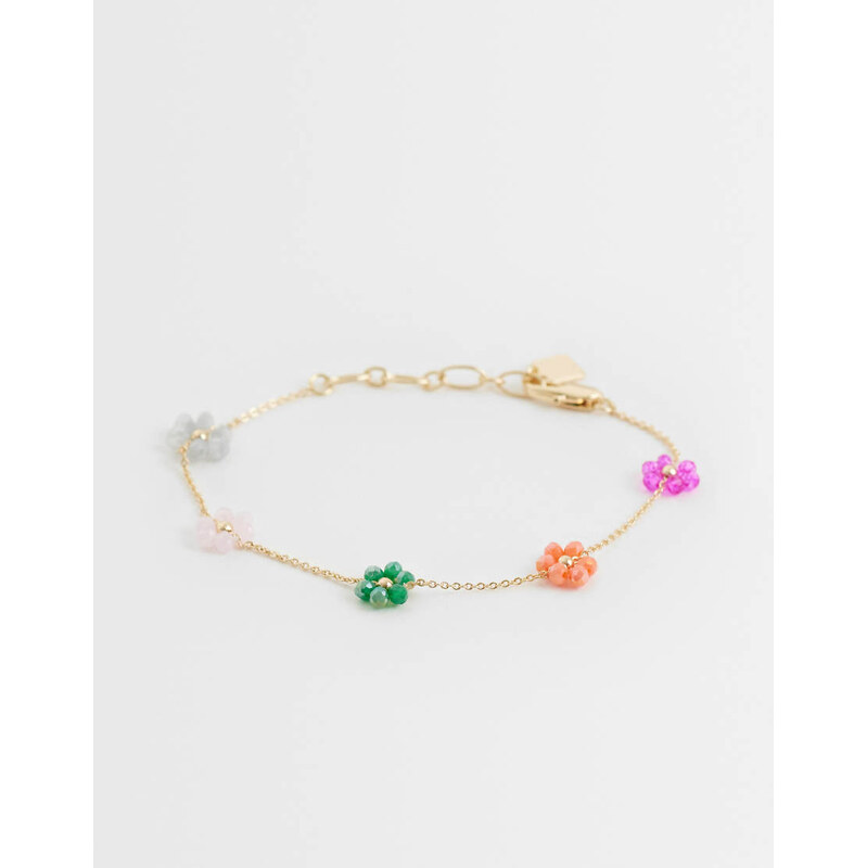 ASOS DESIGN delicate bracelet with beaded flowers in gold tone-Silver 115550069