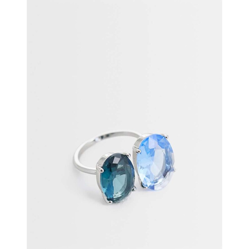 ASOS DESIGN ring with blue double stone set ring in silver tone 115547116