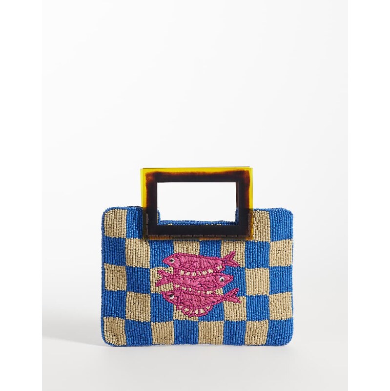 ASOS DESIGN beaded fish resin handle clutch bag in blue checkboard 115493591