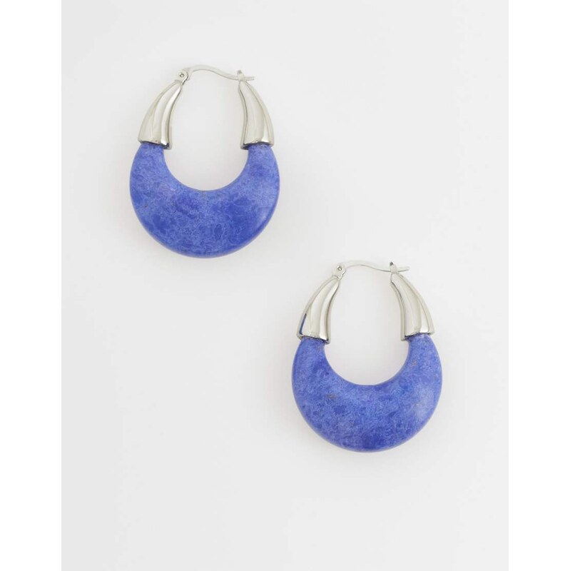 ASOS DESIGN hoop earrings with blue faux stone in silver tone