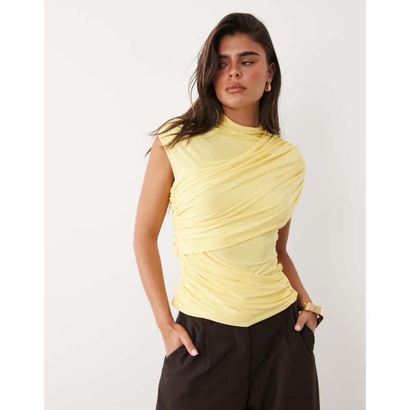 ASOS DESIGN slinky ruched drape detail top in lemon-Yellow