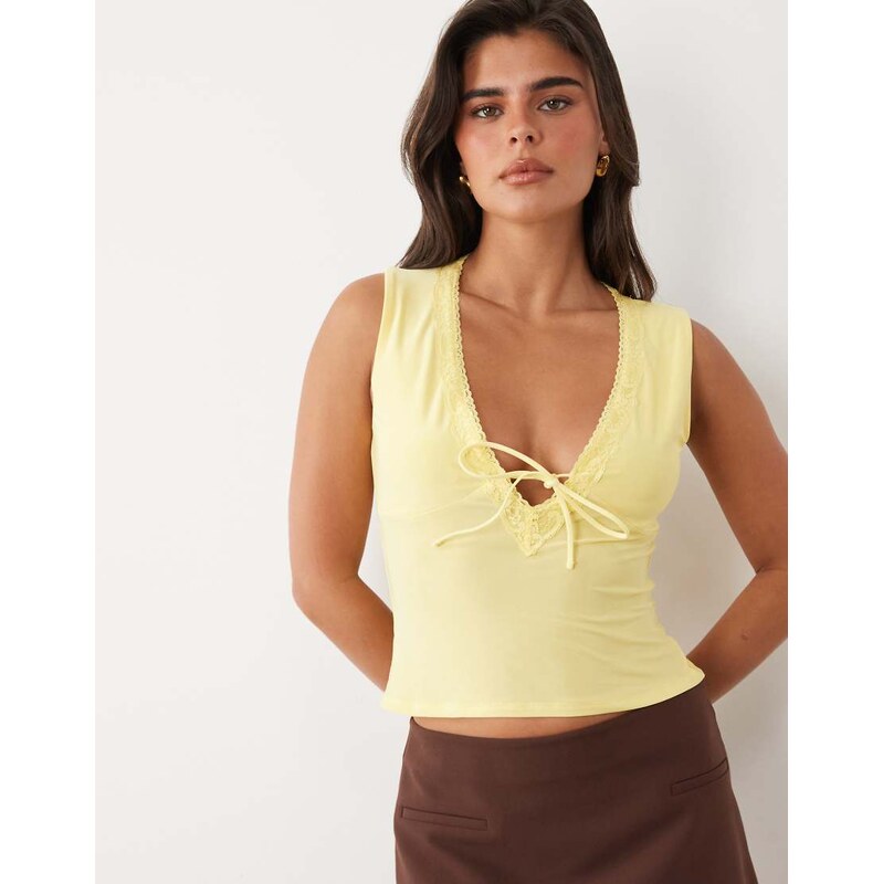 ASOS DESIGN slinky lace trim top in lemon-Yellow