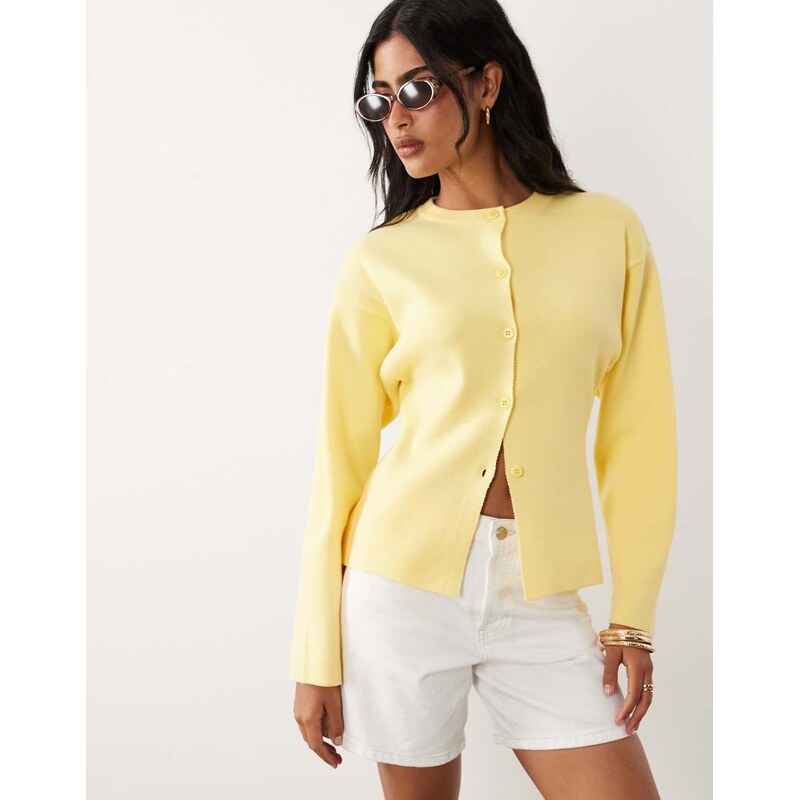 ASOS DESIGN knitted structured crew neck cardigan in lemon