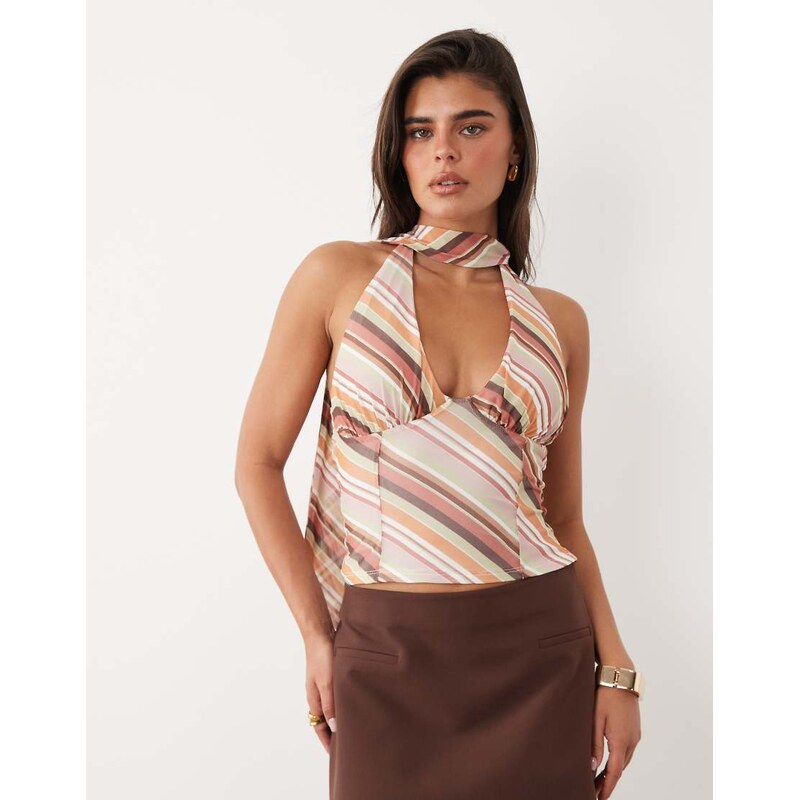 ASOS DESIGN scarf detail v neck stripe mesh top in rust-Multi