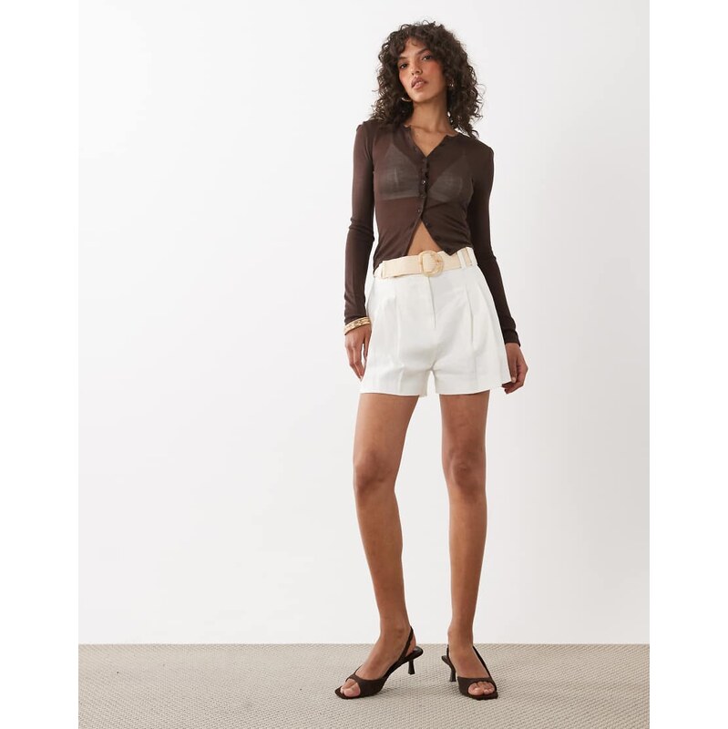 River Island linen look belted shorts in white 115501064