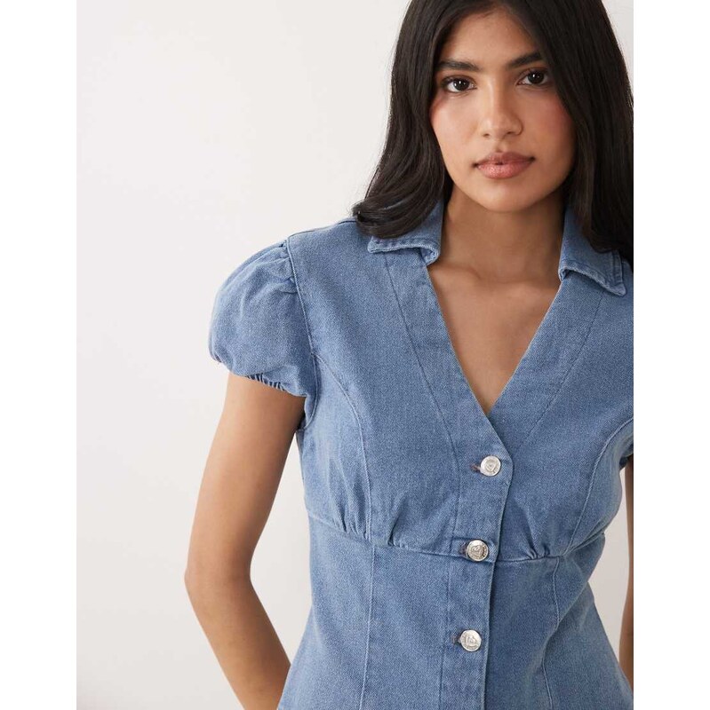 Miss Selfridge denim cap sleeve shirt in mid blue wash 115529607