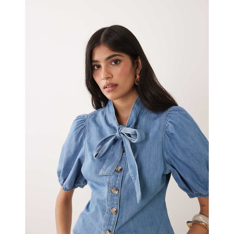Miss Selfridge tie neck puff sleeve denim top in mid blue wash 115532245