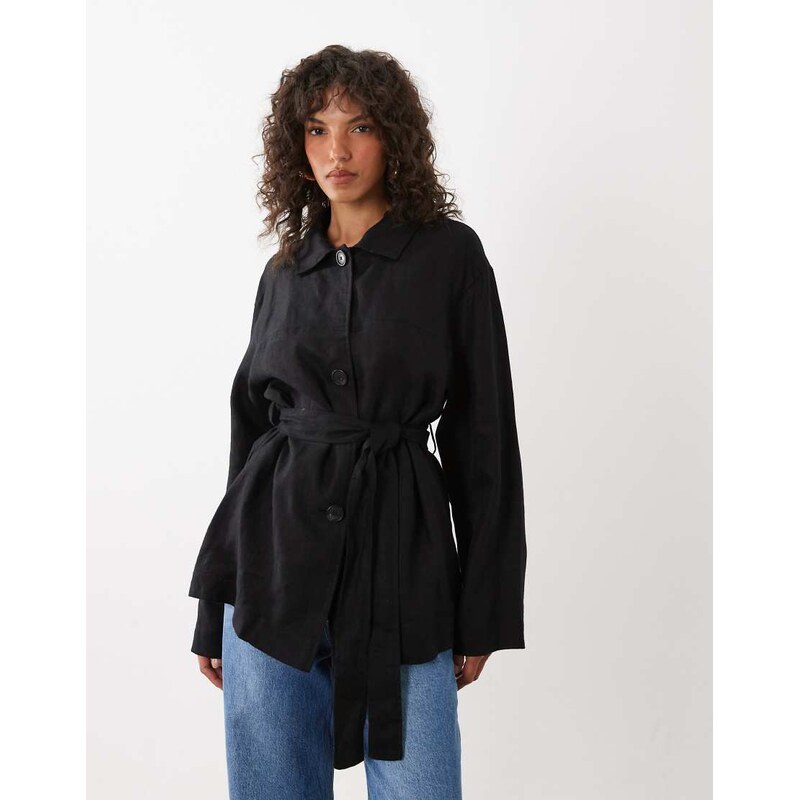 Mango 100% linen tailored jacket with belt detail in black 115566133