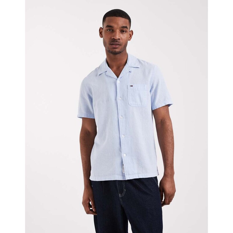 Tommy Jeans linen blend camp collar short sleeve shirt in light blue