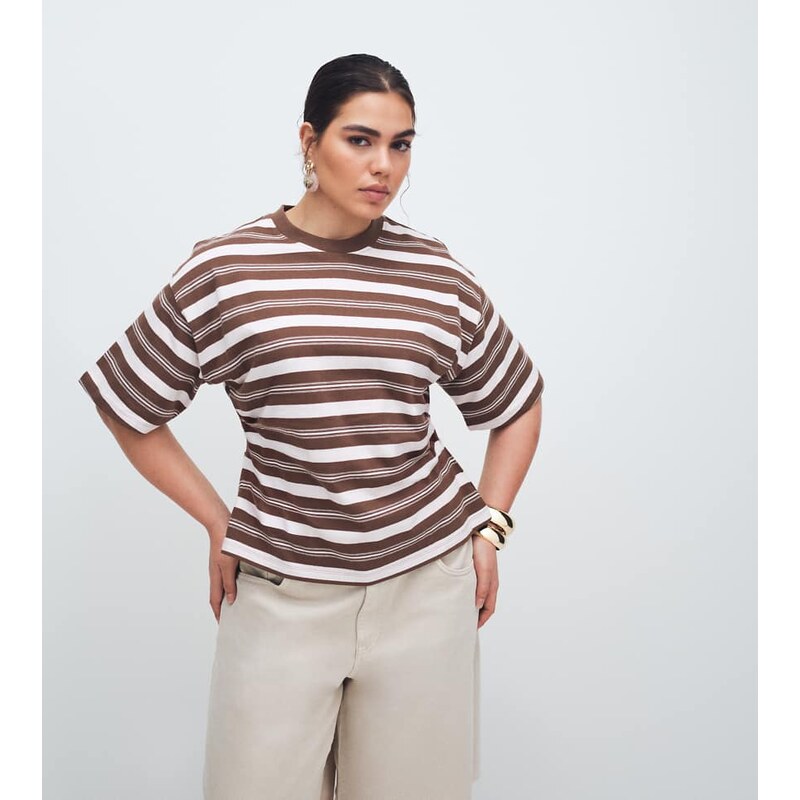 ASOS Curve ASOS DESIGN Curve corset waist tee in chocolate and pink 115521022