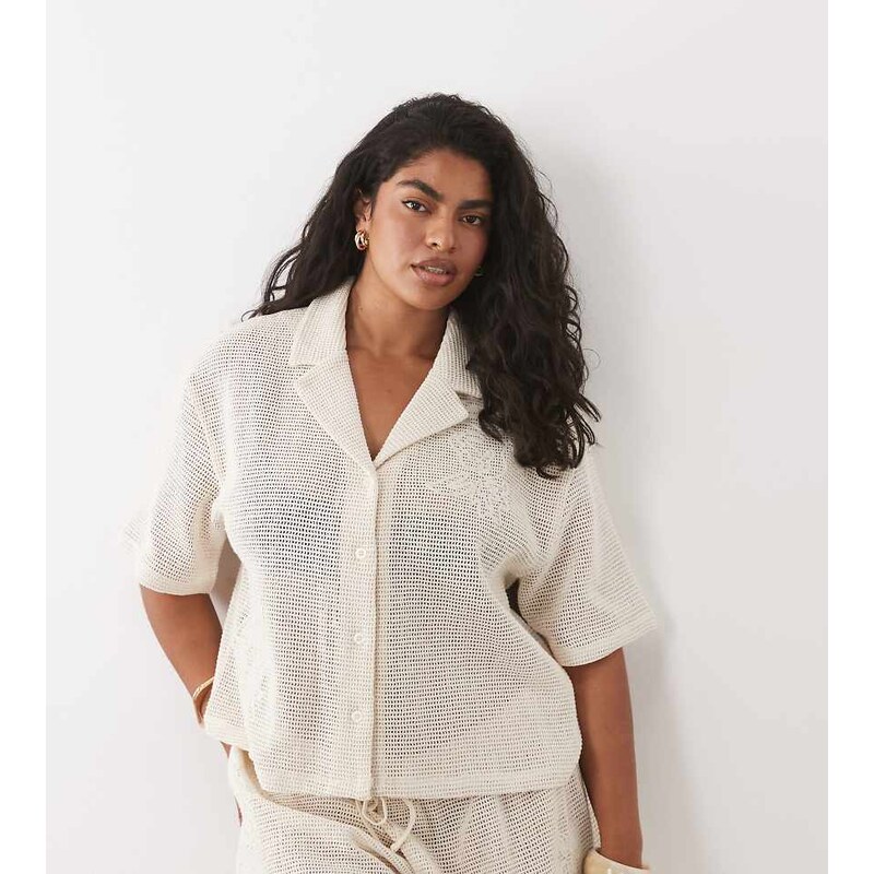 ASOS Curve ASOS DESIGN Curve open knit revere shirt co-ord with 115496068