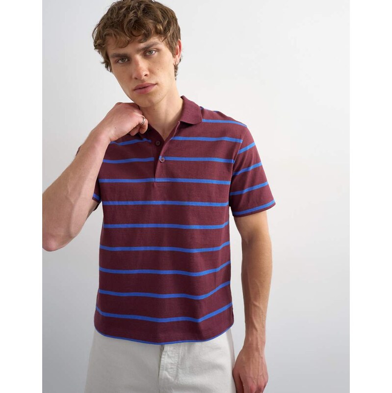 Topman relaxed cropped fit striped polo in dark burgundy-Red