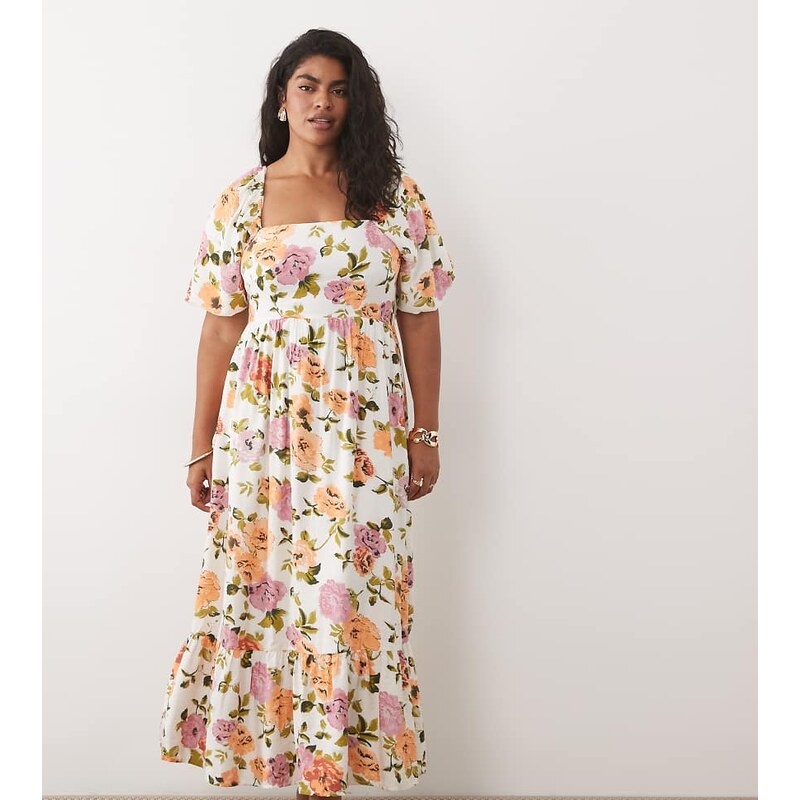 Vila Curve square neck puff sleeve midi dress in floral print