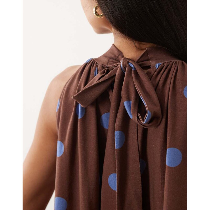 ASOS DESIGN bow detail mini dress in brown and blue spot-Multi