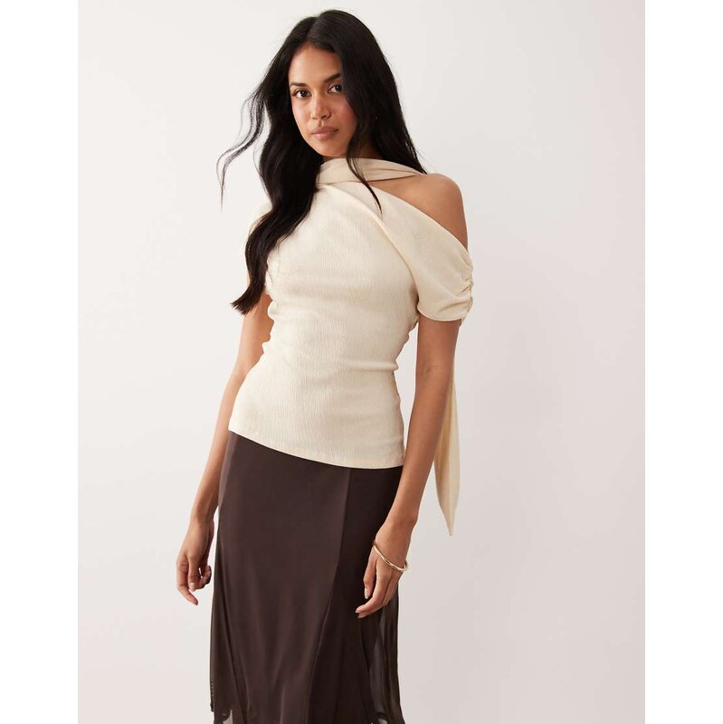ASOS DESIGN textured scarf neck fallen shoulder top in cream