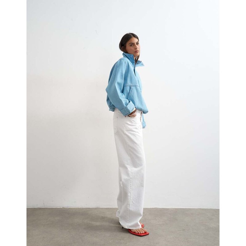 Topshop denim funnel neck bubble hem top in bleach-Blue