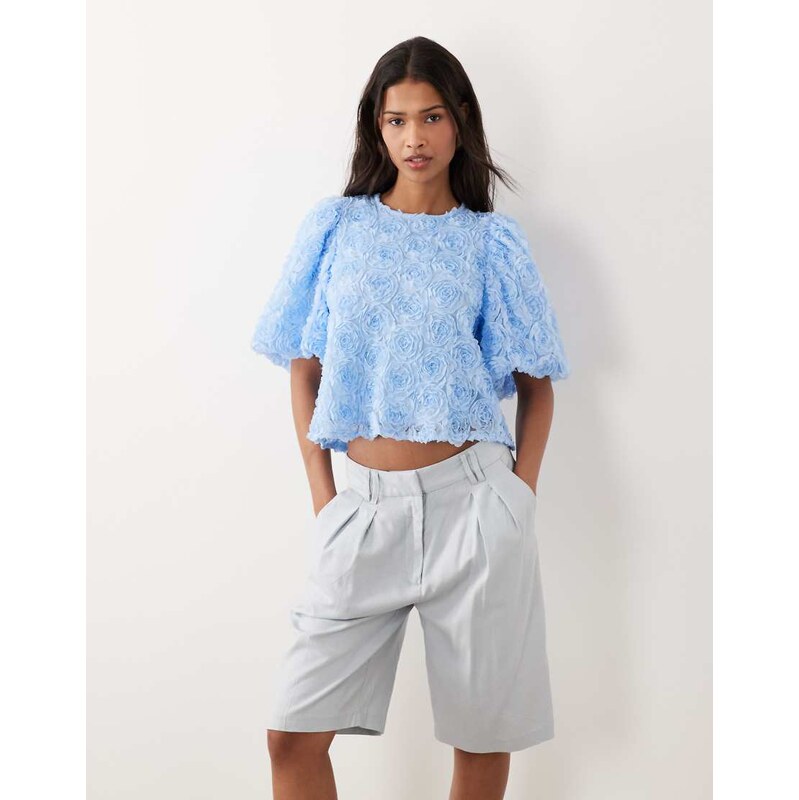 Vila floral jacquard short sleeve top in light blue 115496523