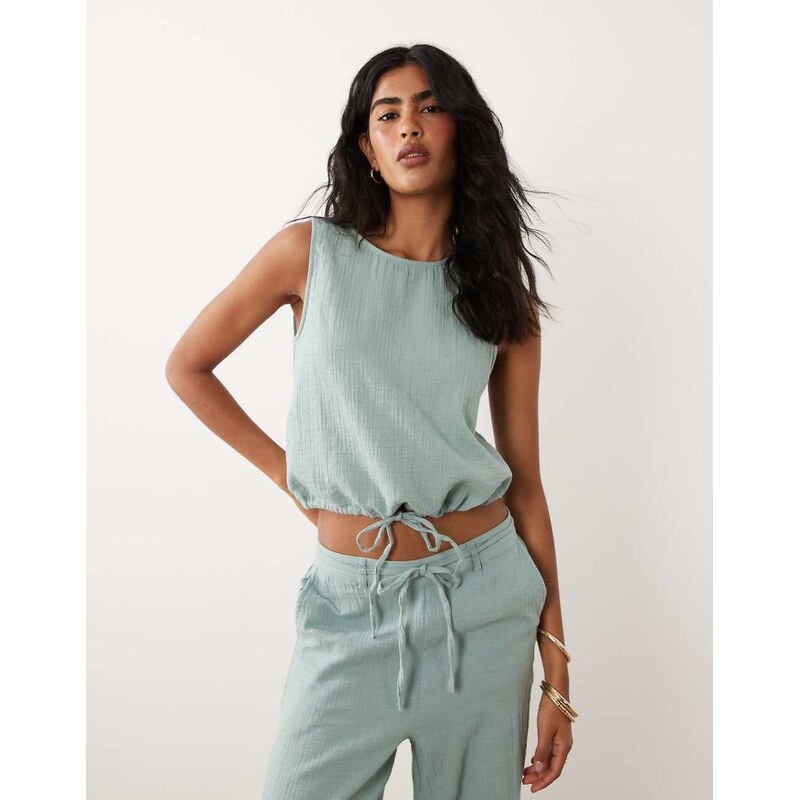 Vila cotton cheesecloth sleeveless top co-ord in sage green-Blue