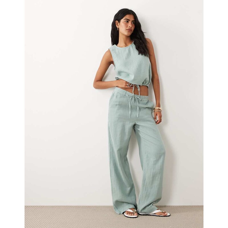 Vila cotton cheesecloth trouser co-ord in sage green-Blue