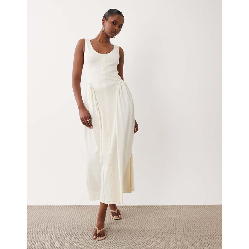 ASOS DESIGN button down picot trim midi dress in neutral-Multi