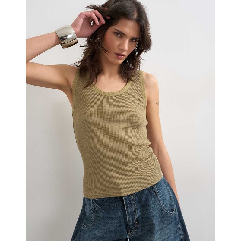 Topshop washed waffle vest with woven trim in khaki-Green