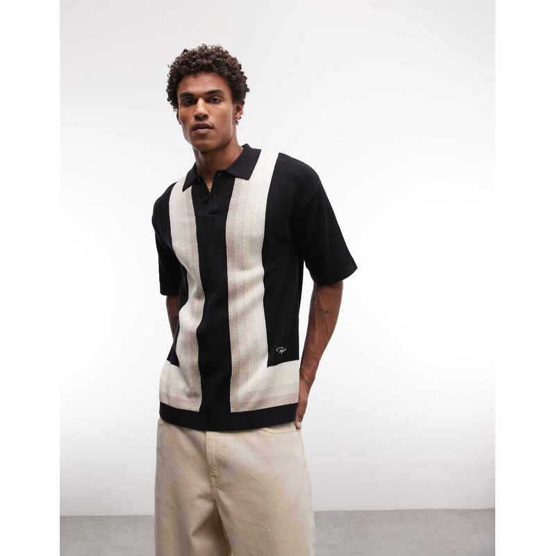 Pegador tellero pique knit polo shirt in black multi-White
