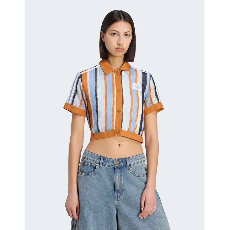 adidas Originals summer glow striped cropped polo in orange