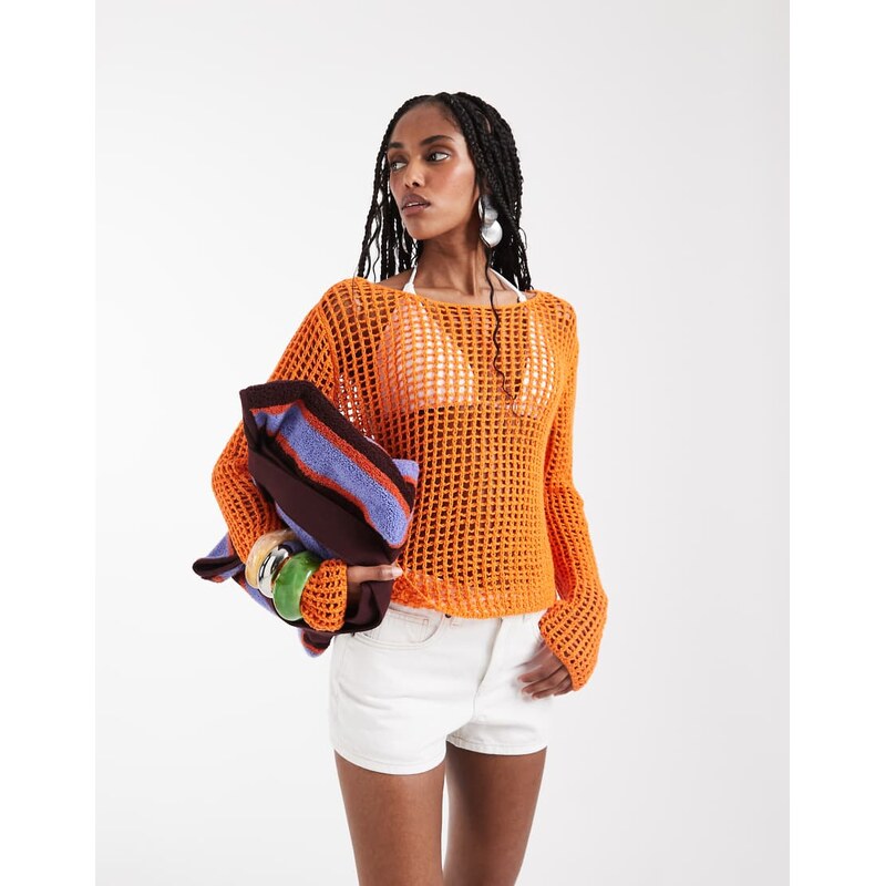 ASOS DESIGN open stitch crochet jumper in orange