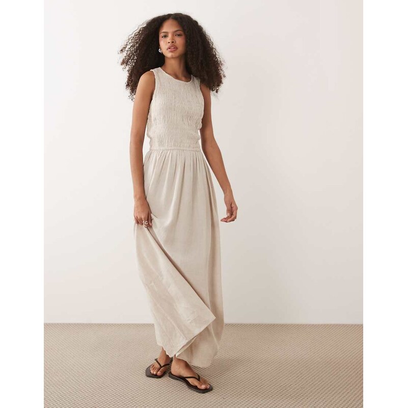 River Island linen look shirred midi dress in stone-Neutral