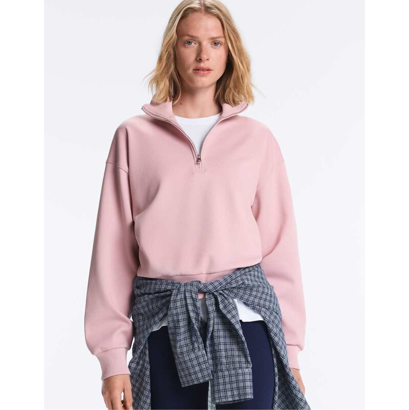 OYSHO Pique high-neck zip sweatshirt with cotton in pale pink 115496772