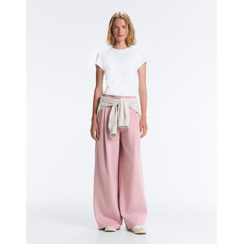 OYSHO Cotton piqué pleated straight-leg trousers in pale pink