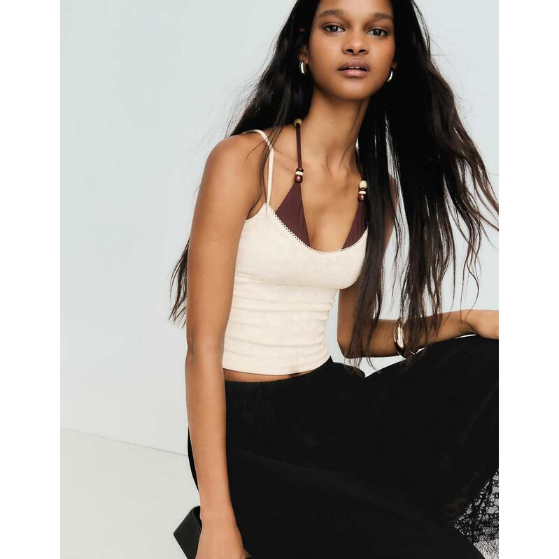 Bershka Rustic strappy top in ecru-White