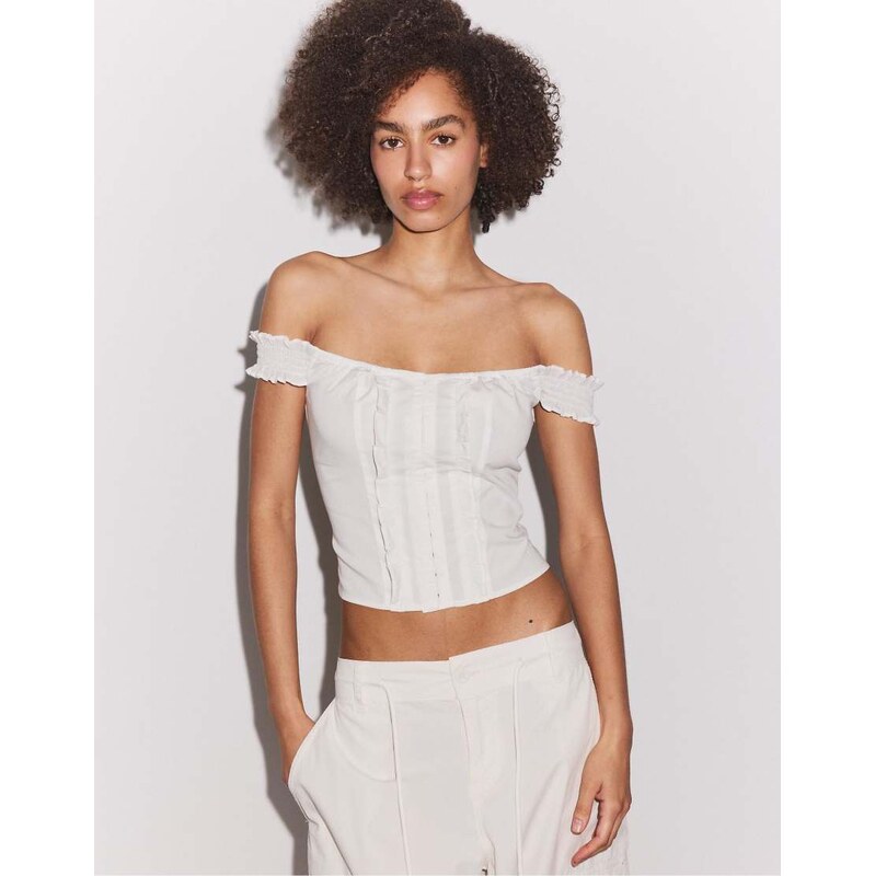 Stradivarius Ruffled corset top in ecru-White