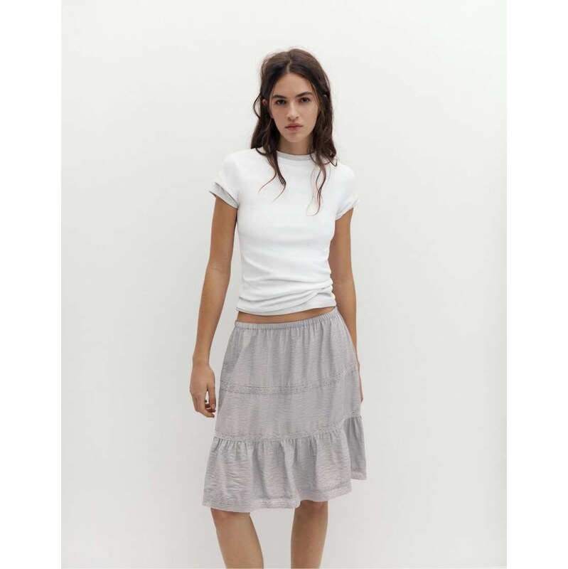 Pull&Bear Paneled lace midi skirt in taupe-Grey