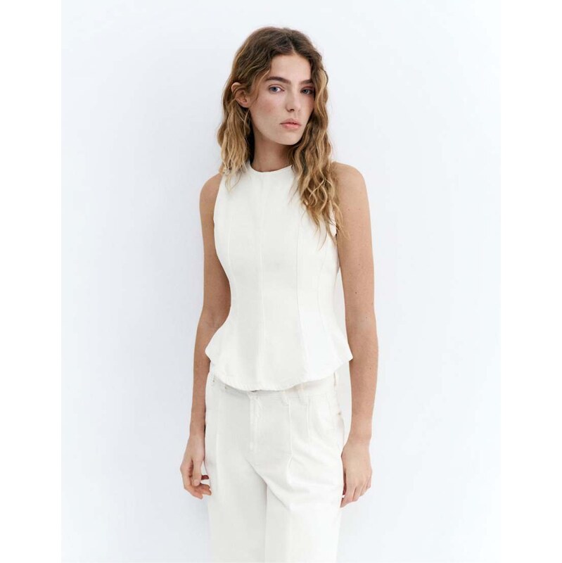 Pull&Bear Denim peplum top in white