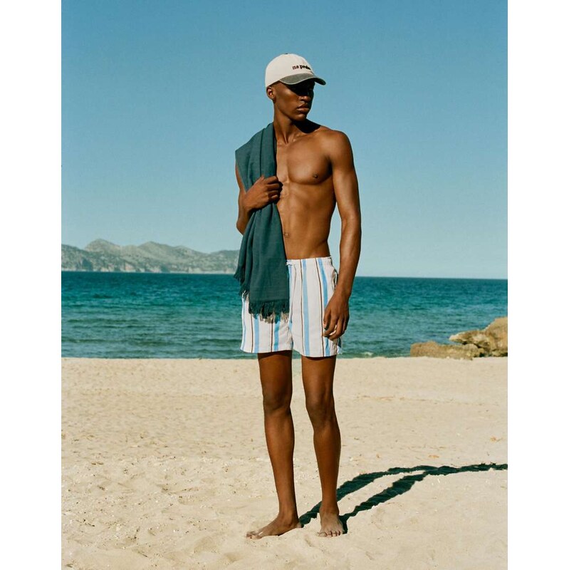 Pull&Bear Striped swimming trunks in blue and white-Multi