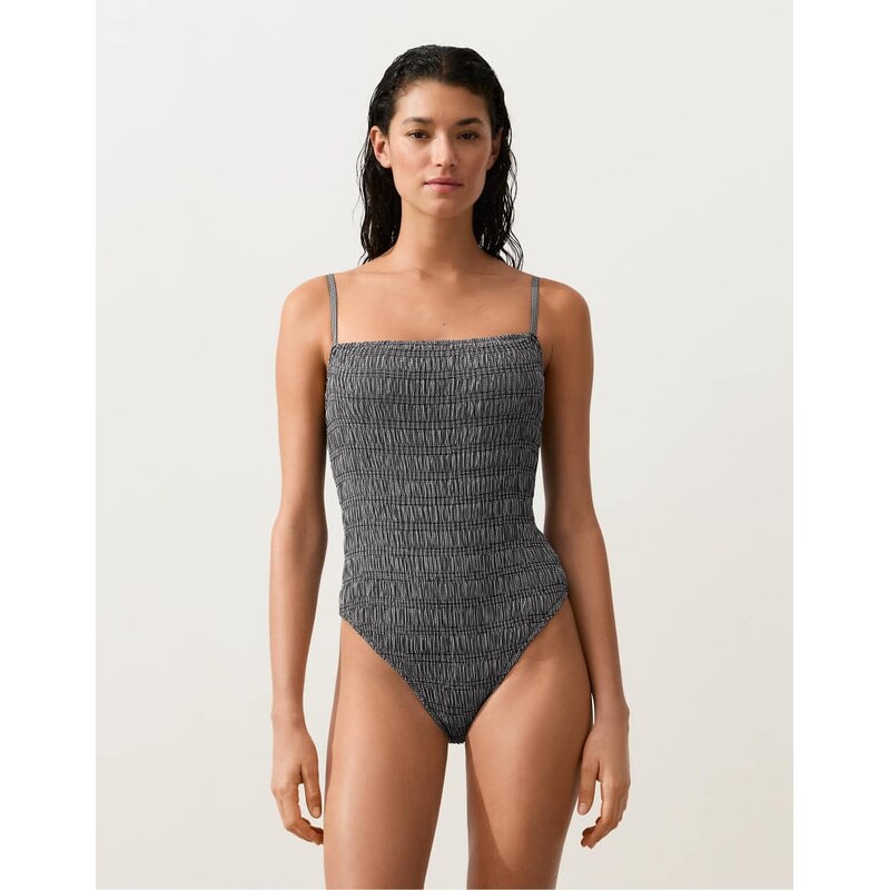 OYSHO Gingham smock bandeau swimsuit in black