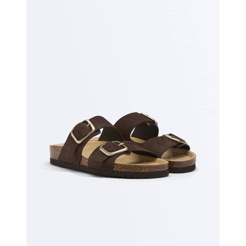 OYSHO Buckle split-leather slides in brown