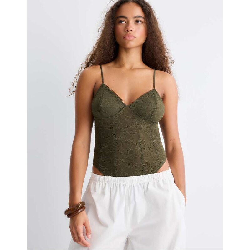 Stradivarius Bodysuit with lace straps in olive green