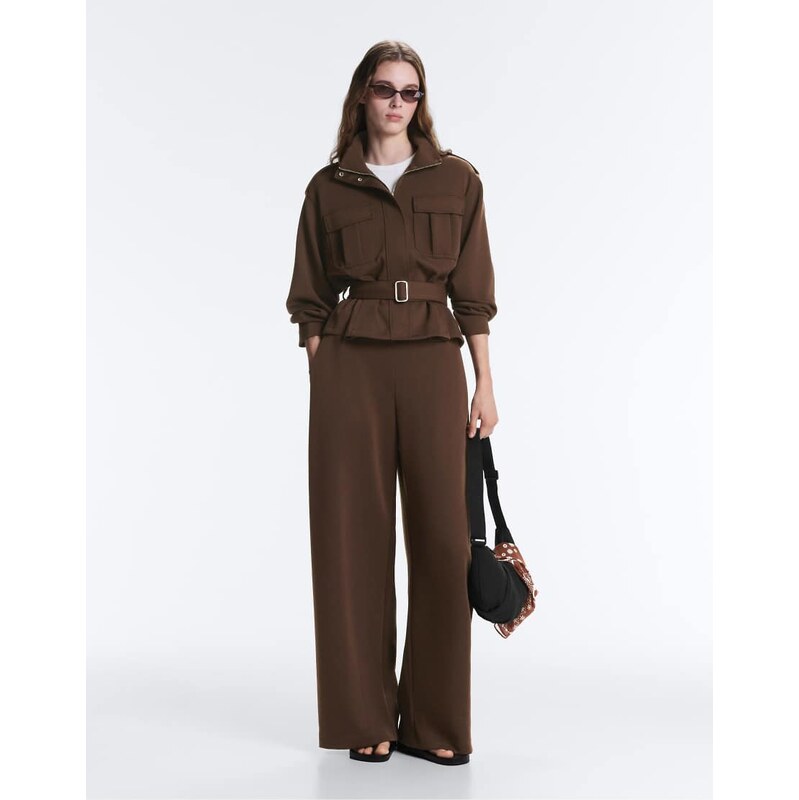 OYSHO Wide-leg high rise pique trousers with buckles in dark brown 115496972
