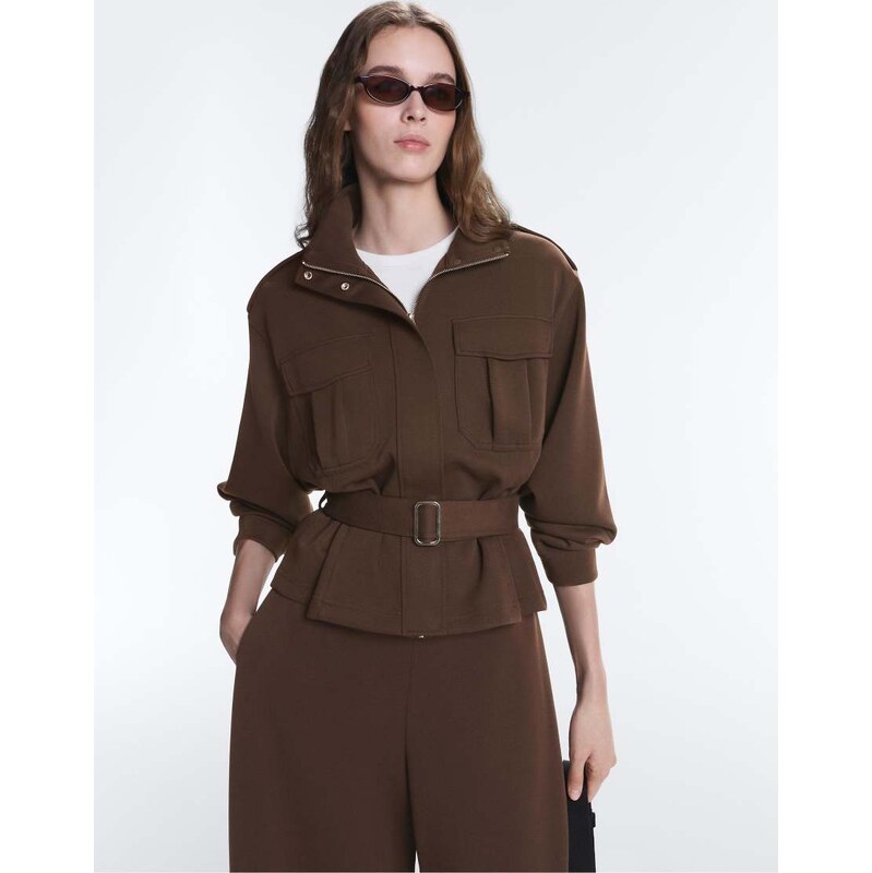 OYSHO Cropped piqué utility jacket with belt in dark brown 115496971
