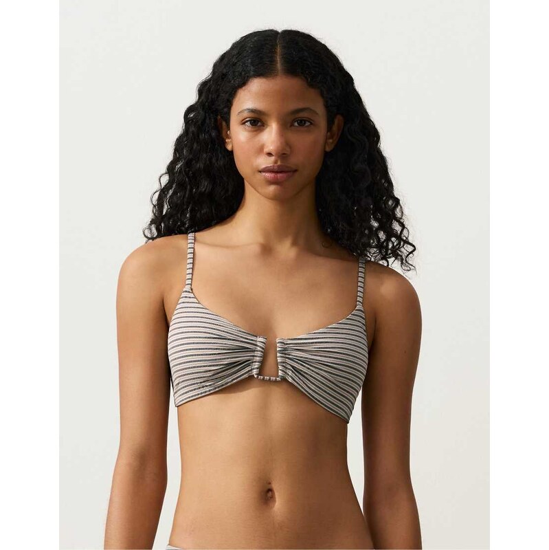 OYSHO Stripe triangle bikini top in sand-Neutral