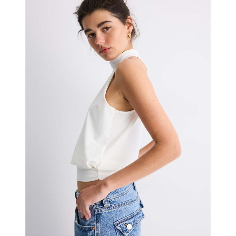 Stradivarius Puff-effect halter top in ecru-White