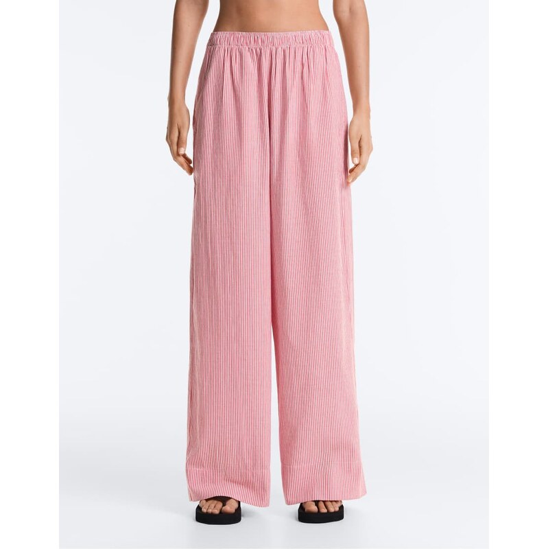 OYSHO Striped 100% cotton straight-leg trousers in red 115496990