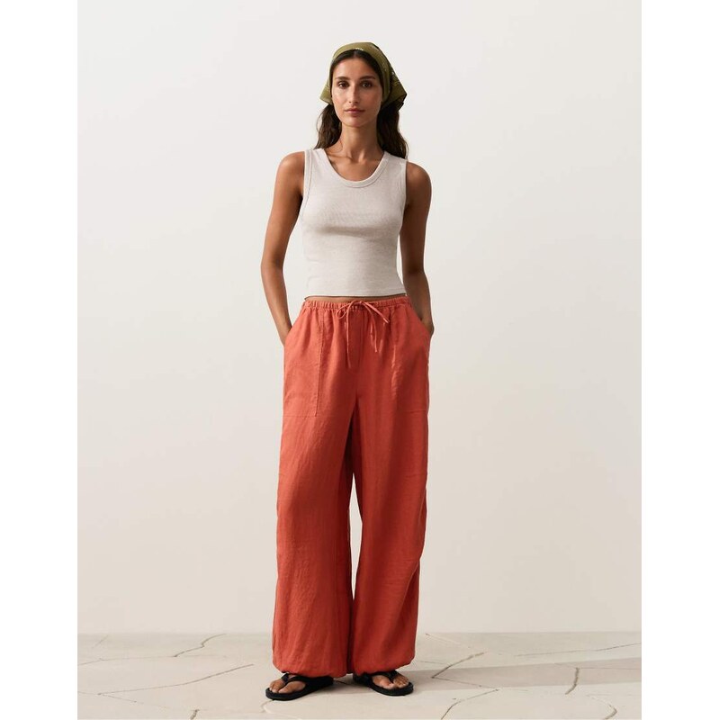 OYSHO 100% linen cargo bloomer trousers in burnt orange 115496995