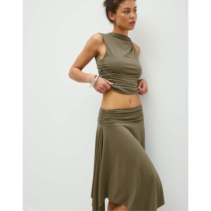 Stradivarius Draped fitted top in olive green 115496999
