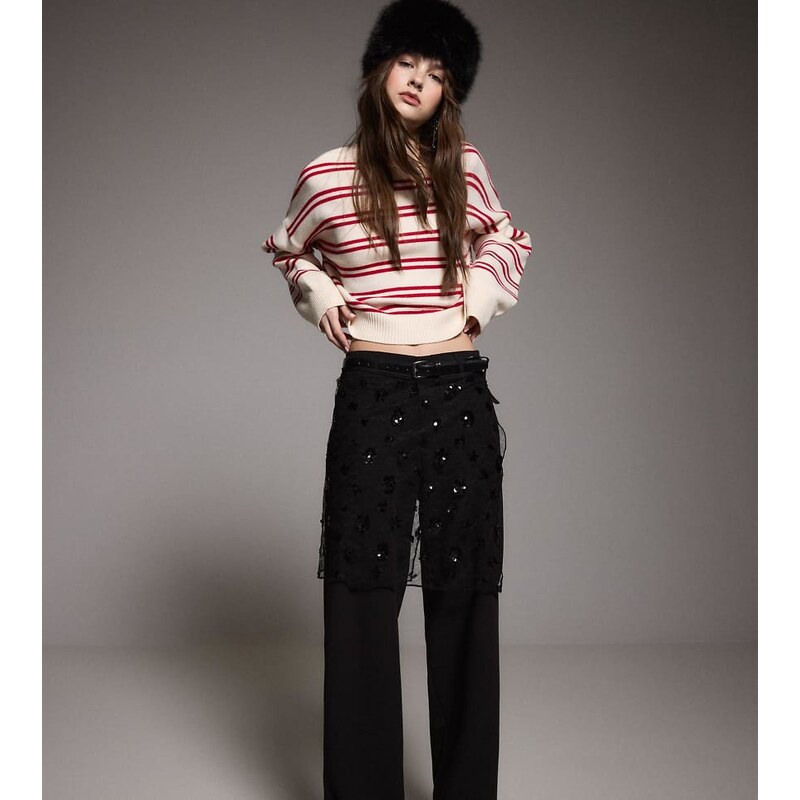 Stradivarius Petite flowing straight-leg smart trousers with belt in 115496996