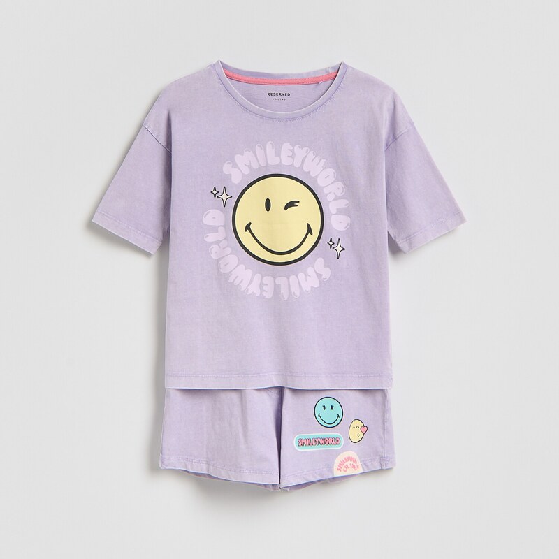 Reserved - Bavlněná pyžamová souprava SmileyWorld - levandulová